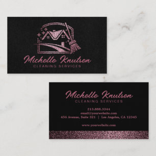 Black Rose Gold Glitter House Cleaning Service Business Card