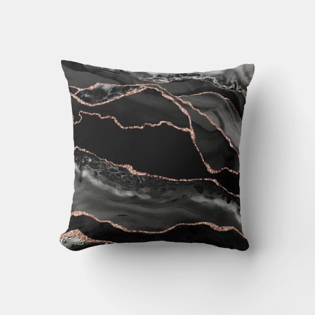 Black Rose Gold Glitter Luxury Agate Geode Cushion (Front)