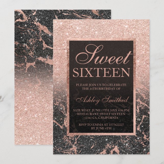 Black rose gold glitter marble chic Sweet 16 Invitation (Front/Back)