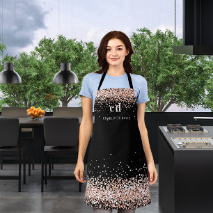Black rose gold glitter monogram initials apron