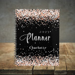 Black rose gold glitter name appointment 2024 planner<br><div class="desc">Black background. Rose gold,  blush faux glitter dust.  Personalise and add a year and name.  White letters.</div>