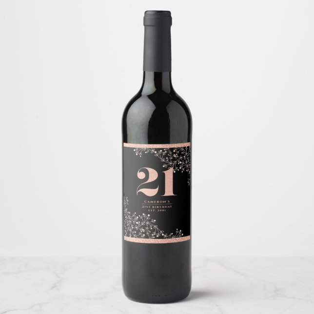 Black Rose Gold Glitter Pattern 21st Birthday Wine Label (Front)