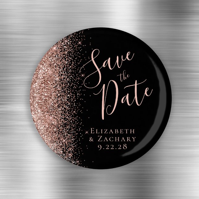 Black Rose Gold Glitter Script Save the Date Magnet (Creator Uploaded)