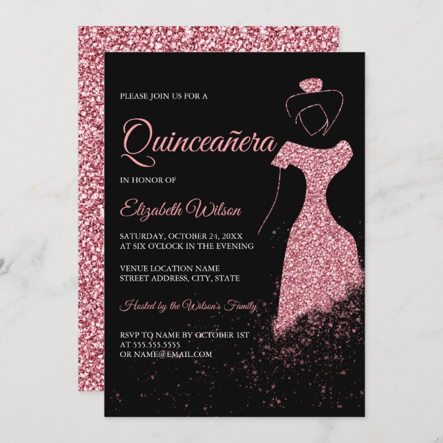 Black Rose Gold Glitter Sparkle Dress Quinceanera Invitation (Front/Back)