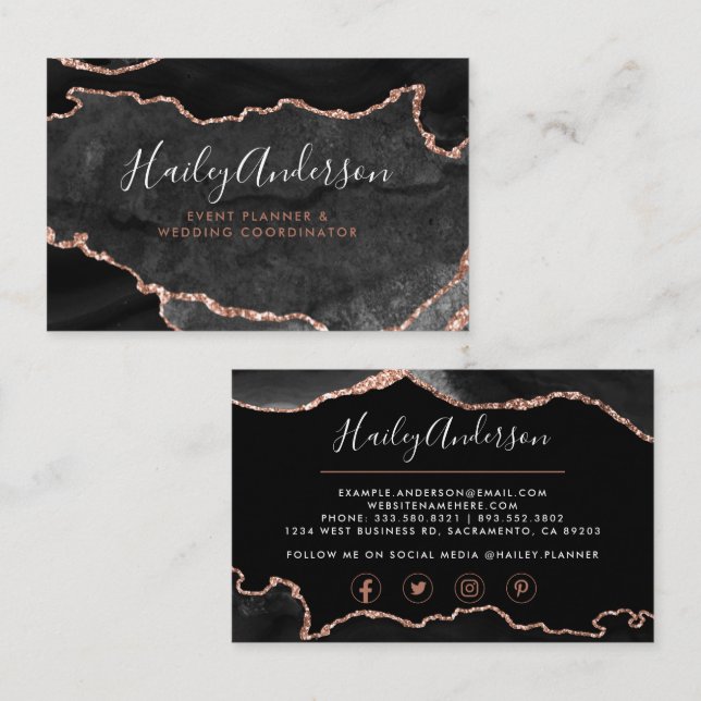 Black & Rose Gold Glitter Watercolor Gilded Agate Business Card (Front/Back)