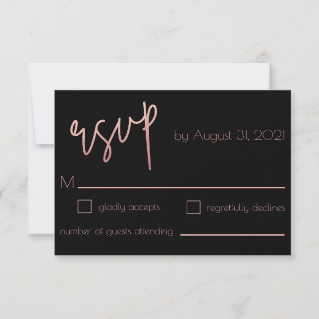 Black & Rose Gold Glitter Wedding Art Deco RSVP Card (Front)