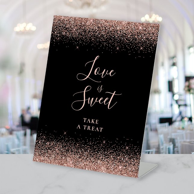Black Rose Gold Glitter Wedding Love Is Sweet Pedestal Sign (Creator Uploaded)