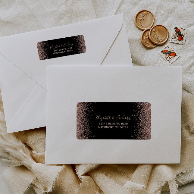 Black Rose Gold Glitter Wedding Return Address (Creator Uploaded)