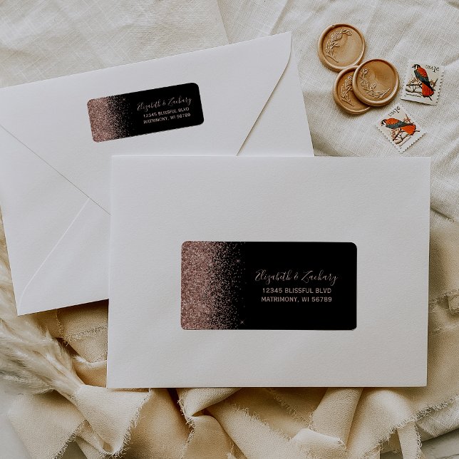 Black Rose Gold Glitter Wedding Return Address (Creator Uploaded)