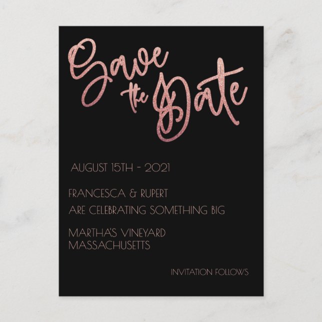 Black & Rose Gold Glitter Wedding Save The Date Postcard (Front)