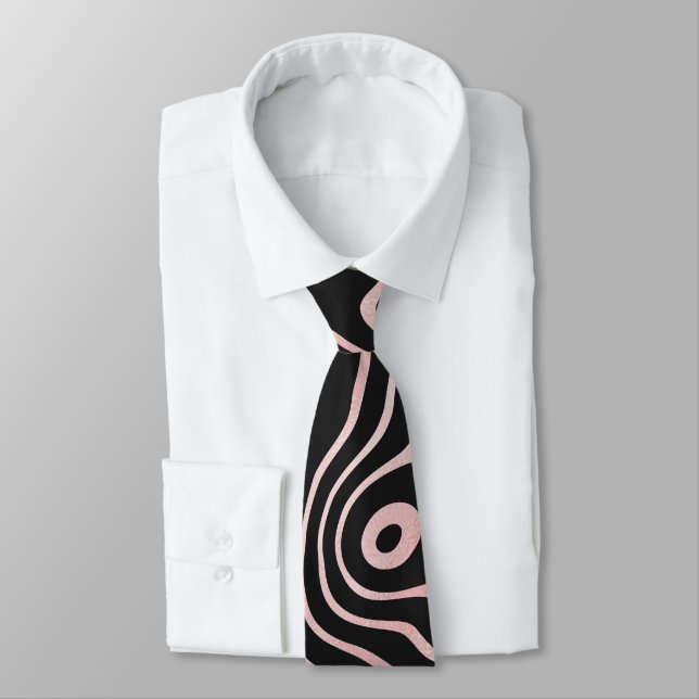Black Rose Gold liquid swirl Abstract Design Tie (Tied)