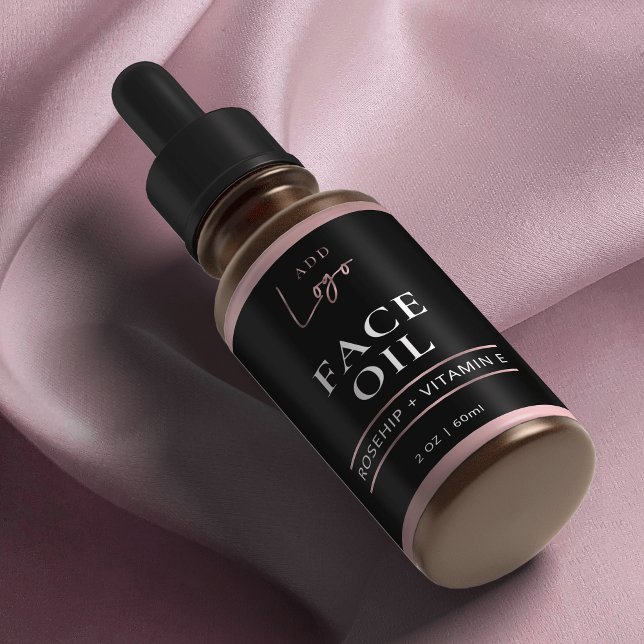Black Rose Gold Logo 2OZ Cosmetic Dropper Bottle (Trendy rose gold effect dropper bottle labels - great for face serums, hair oil, face mist and more)