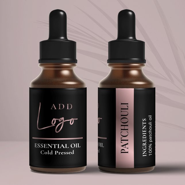 Black & Rose Gold Logo Essential Oil Small Bottle (Black and Rose Gold Essential Oil Dropper Bottle label with space for your logo)