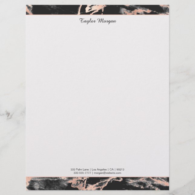 Black & Rose Gold Marble Border, Black Name/Info L Custom Letterhead (Front)