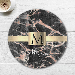 Black & Rose Gold Marble Gold Box, Name & Monogram Cutting Board