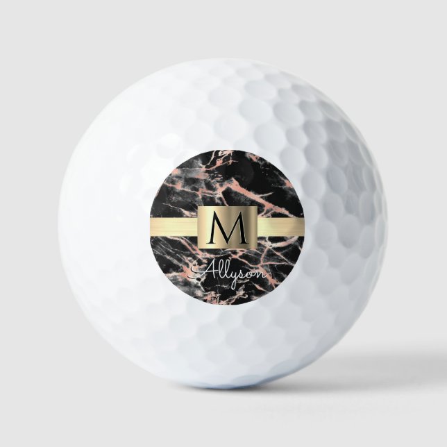 Black & Rose Gold Marble Gold Box, Name & Monogram Golf Balls (Front)