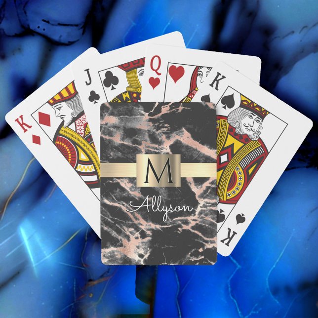 Black & Rose Gold Marble Gold Box, Name & Monogram Playing Cards (Creator Uploaded)