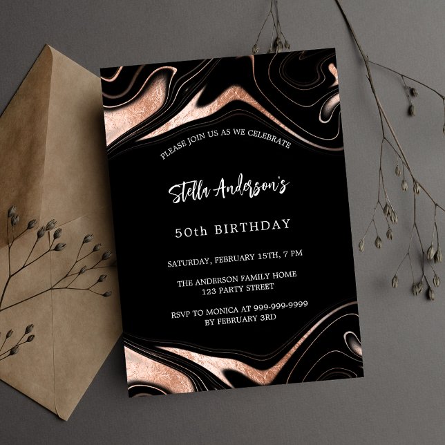 Black rose gold marble modern birthday invitation postcard (Creator Uploaded)
