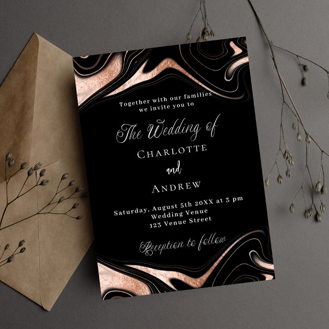 Black rose gold marble modern wedding invitation (Creator Uploaded)