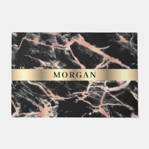 Black & Rose Gold Marble, Name on Gold Band Doorma Doormat