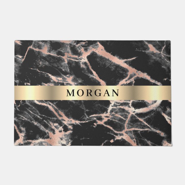 Black & Rose Gold Marble, Name on Gold Band Doorma Doormat (Front)