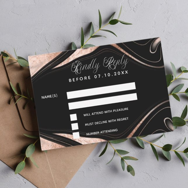 Black rose gold marble wedding response RSVP Card (Creator Uploaded)