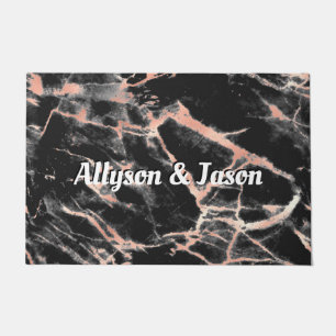 Black & Rose Gold Marble, White Italic Names Doormat