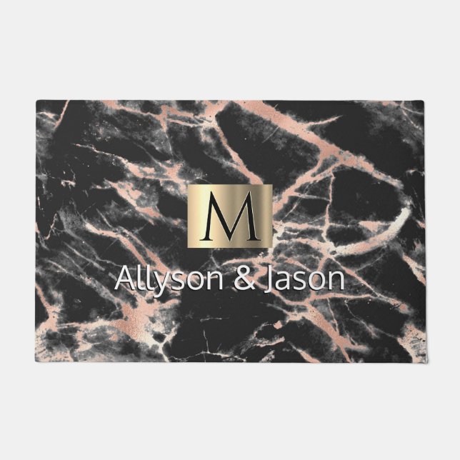 Black & Rose Gold Marble, White Names & Monogram Doormat (Front)