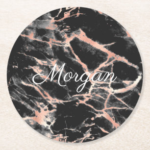 Black & Rose Gold Marble, White Script Name Round Paper Coaster