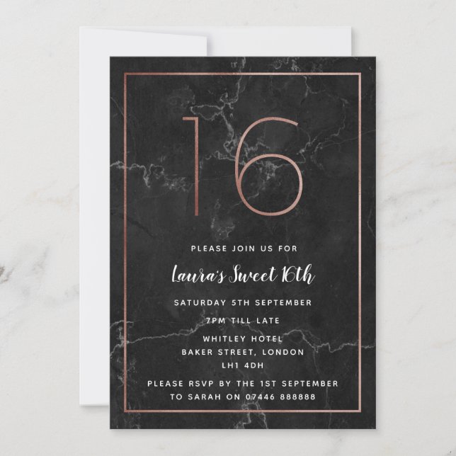 Black & Rose Gold Marbled 16th Birthday Invites (Front)