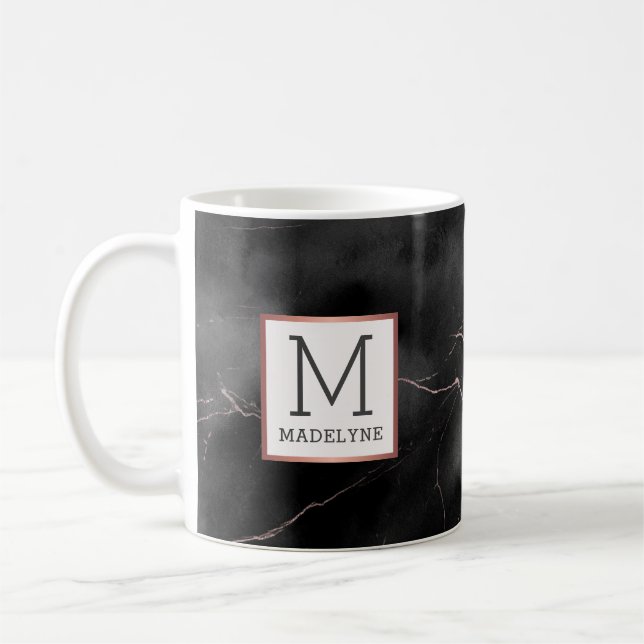 Black Rose Gold Modern Marble Look Monogram Coffee Mug (Left)