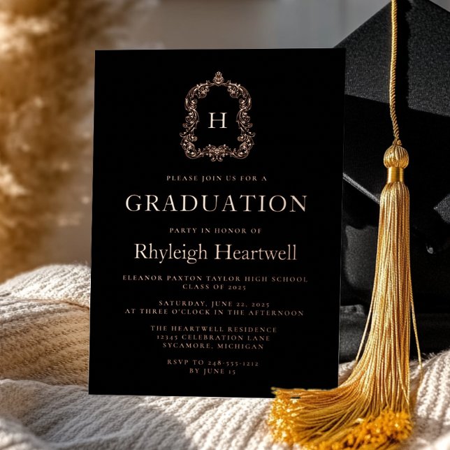 Black Rose Gold Monogram Crest Graduation Party (Creator Uploaded)