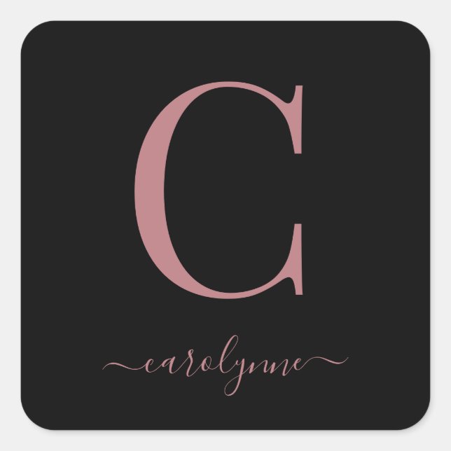 Black Rose Gold Monogram Elegant Script Square Sticker (Front)