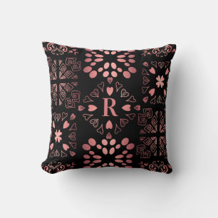 Black Rose Gold Monogram Heart Patchwork Pattern Cushion