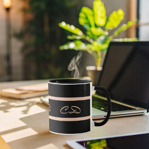 Black rose gold monogram initials elegant script mug