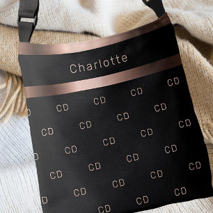 Black rose gold monogram initials pattern name crossbody bag