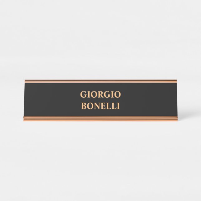 Black Rose Gold Name Minimalist Personal Modern Desk Name Plate (Front)