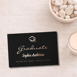 Black rose gold name script cap Graduation Guest Book