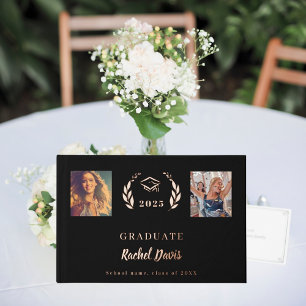 Black rose gold name script photo Graduation Guest Book