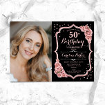 Black Rose Gold Photo 50th Birthday Invitation<br><div class="desc">Elegant floral 50th birthday invitation with your photo. Glam black pink design with faux glitter rose gold. Features blush pink roses, script font and confetti. Perfect for a stylish adult bday celebration party. Personalise with your own details. Can be customised for any age! Printed Zazzle invitations or instant download digital...</div>
