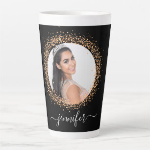 Black rose gold photo name script glamourous latte mug