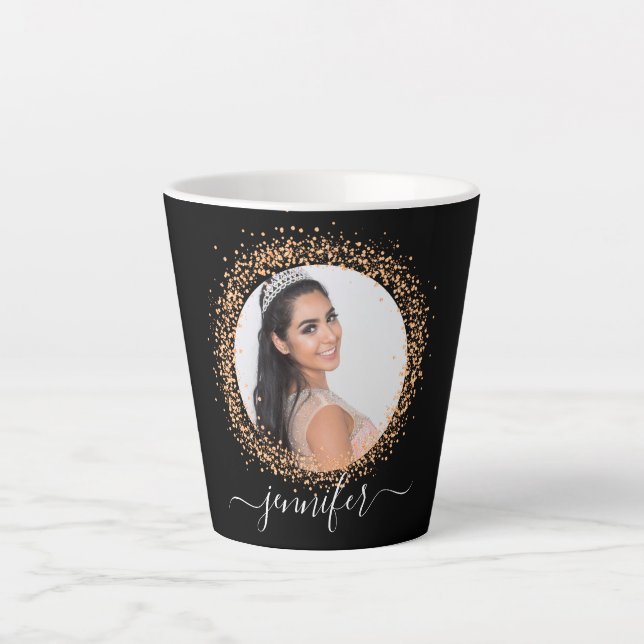 Black rose gold photo name script glamourous latte mug (Front)
