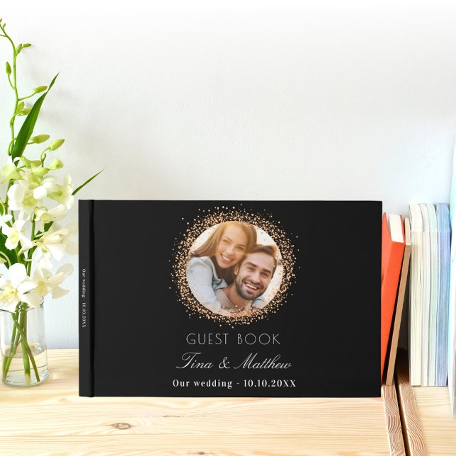 Black rose gold photo sparkles elegant wedding guest book (Creator Uploaded)