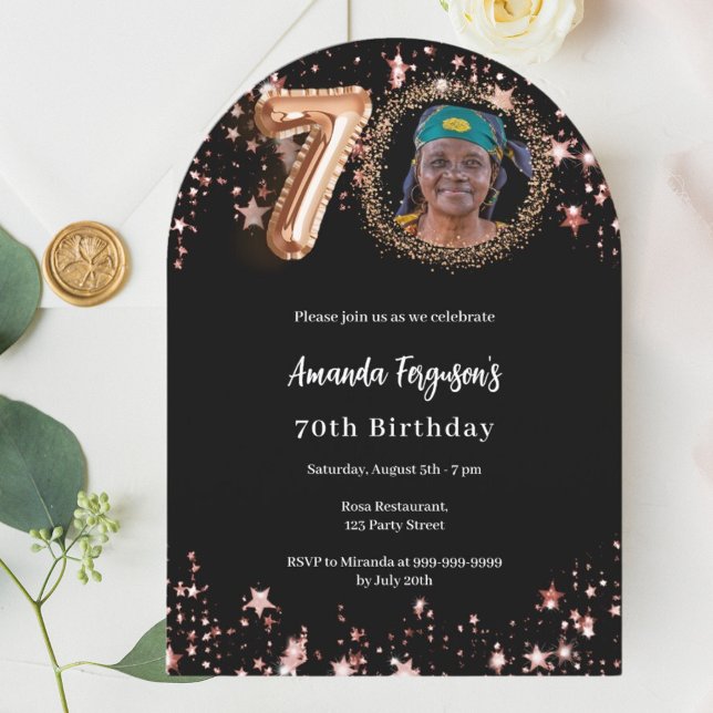 Black rose gold photo stars 70th birthday arch invitation (Creator Uploaded)