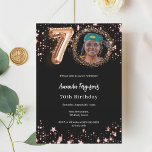 Black rose gold photo stars 70th birthday invitation<br><div class="desc">A modern,  stylish photo invitation for a 70th birthday party.  A classic black background,  decorated with rose gold stars. Personalise and add your party details.</div>