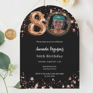 Black rose gold photo stars 80th birthday arch invitation