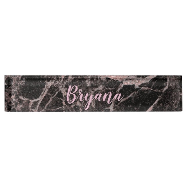 Black & Rose Gold Pink Glitter Marble Glam Trendy Nameplate (Front)
