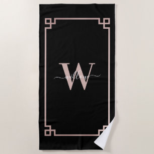 Black & Rose Gold Pink Greek Key Monogrammed Beach Towel
