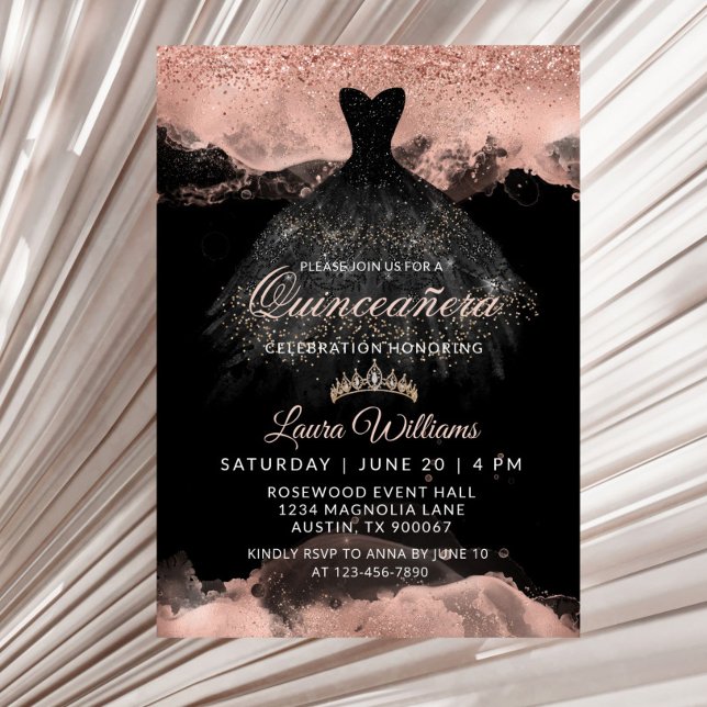 Black & Rose Gold Princess Dress Quinceañera Invitation (Rose Gold and Black princess quinceañera Birthday invitation)