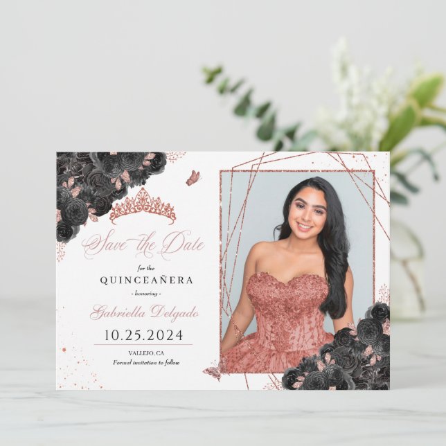 Black & Rose Gold Quinceañera Save The Date Photo Invitation (Standing Front)